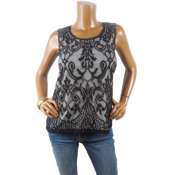 CHICO'S Top M Sz 1 Black Lace Tank Shirt White Lining Sleeveless Blouse - Picture 1 of 9